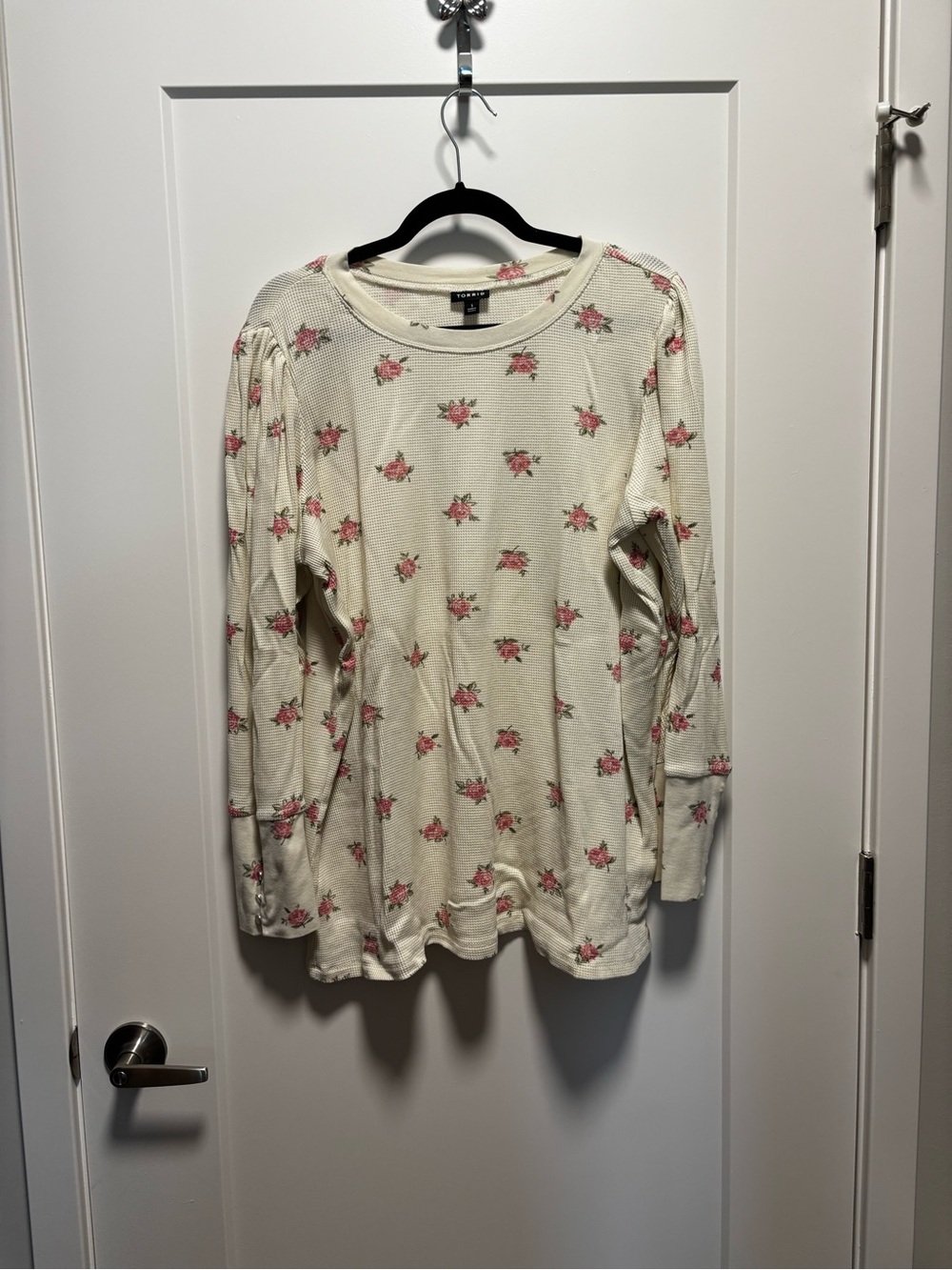 torrid Cream Waffle Knit Long Sleeve Top with Pink Rose Print